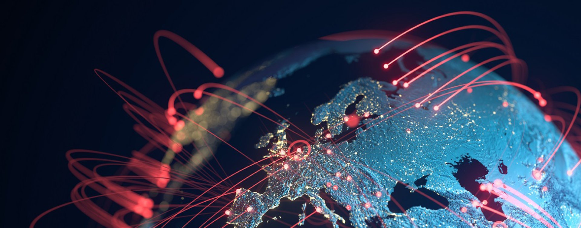 Cyber security report - globe with red lines indicating information moving
